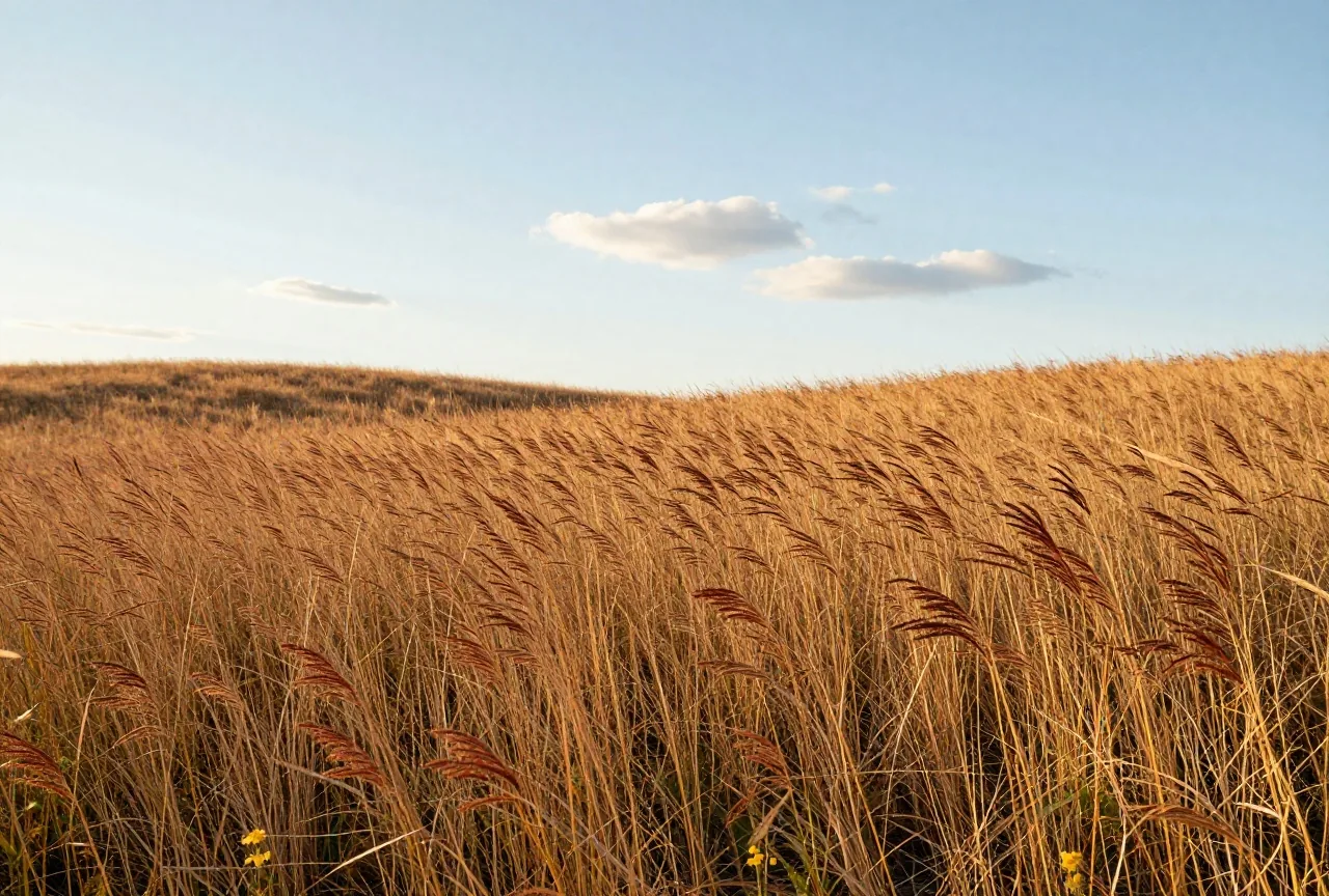 Sanfte Hügel einer Hochgrasprärie im Frühherbst mit hohem Big-Bluestem-Gras und rötlich bronzenen Blütenständen im Wind, darüber ein weiter Himmel mit einzelnen Wolken im warmen Licht der späten Nachmittagssonne