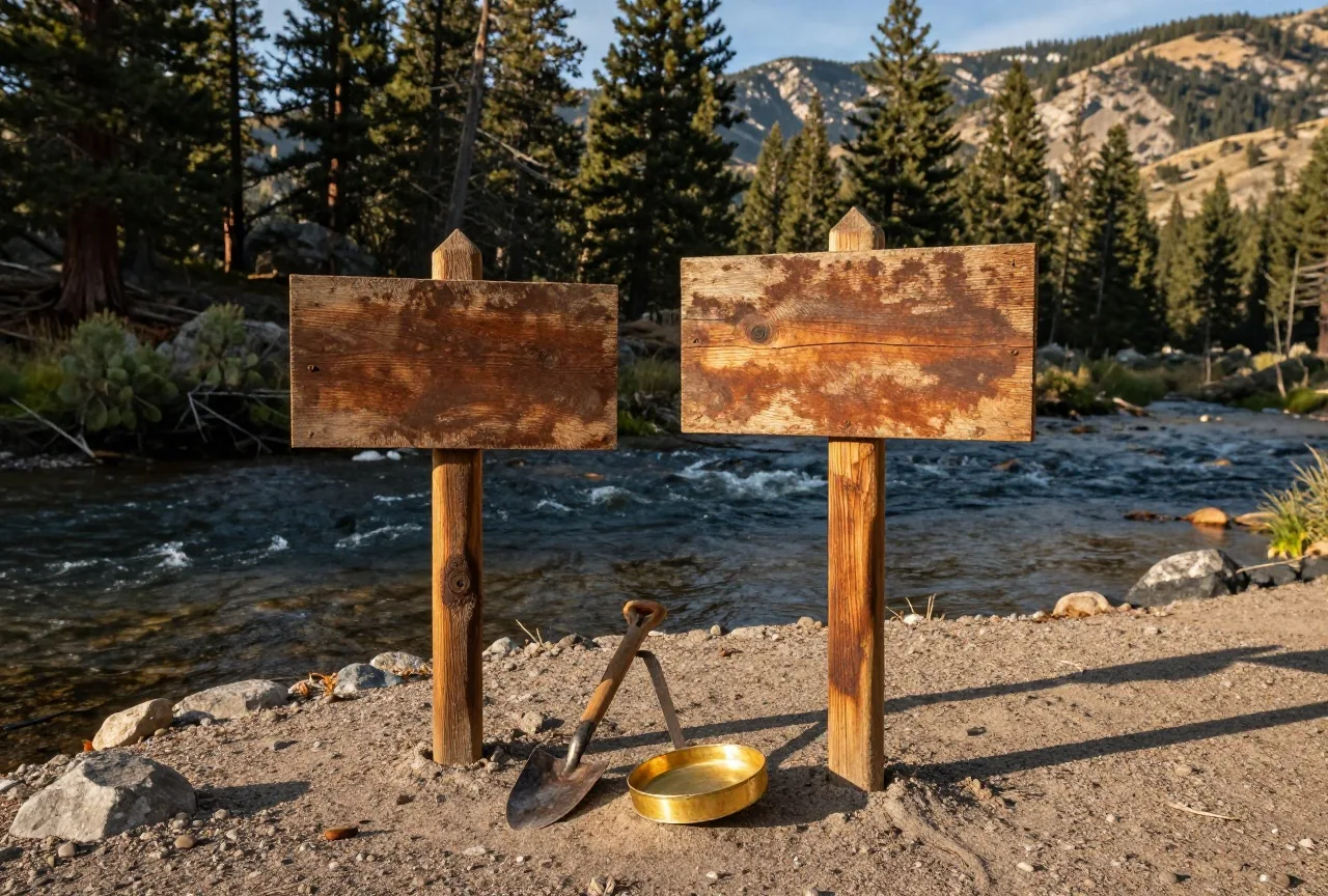 Holzpflöcke mit einem leeren, verwitterten Brett an einer Kiesbank eines Gebirgsflusses, daneben Spitzhacke, Schaufel und Goldwaschpfanne, dahinter bewaldete Hänge im Licht der späten Nachmittagssonne