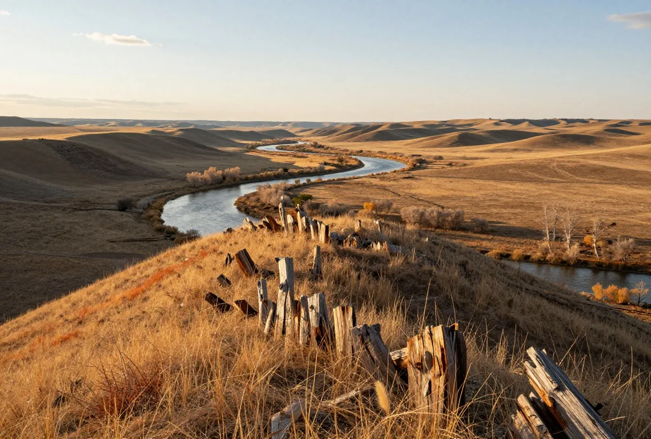 Grasbewachsener Höhenrücken über dem gewundenen Tal des Little Bighorn River unter weitem Himmel im späten Nachmittagslicht