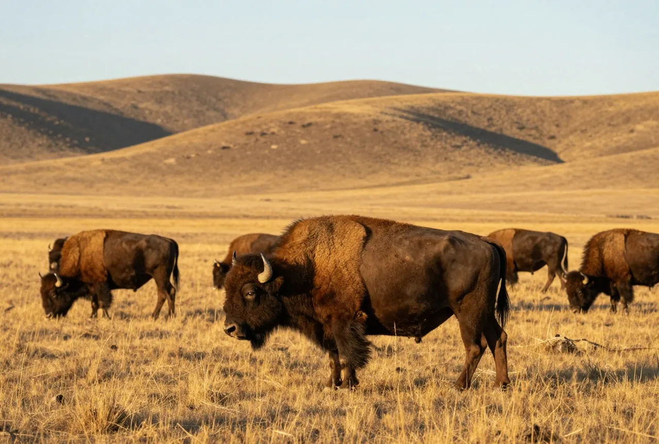 Bisonherde grast auf einer weiten, sanft gewellten Grasprärie, ein Bulle mit dichtem Fell im Vordergrund, dahinter flache Hügel im warmen Licht der späten Nachmittagssonne