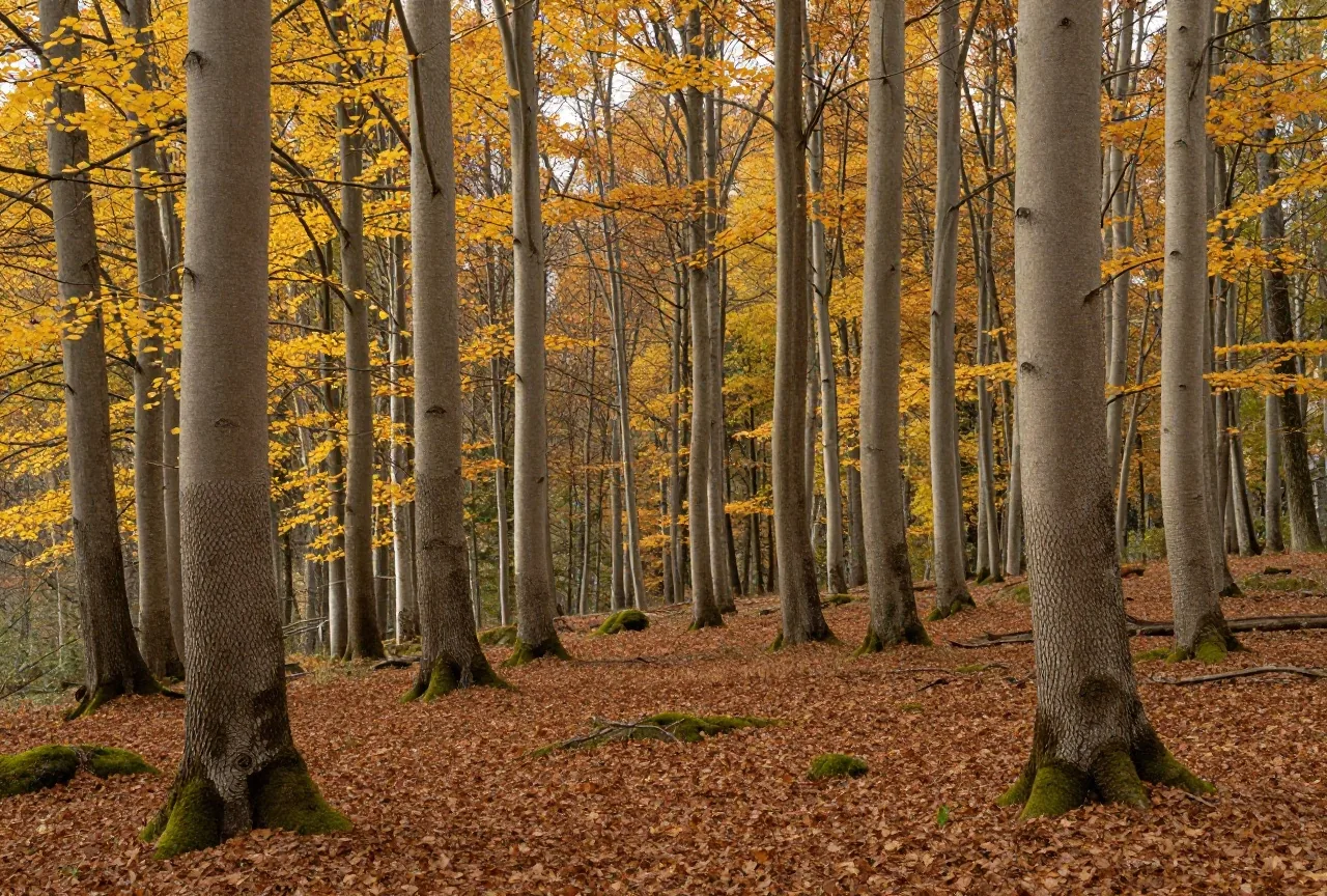 Schlanke Eschen mit grauer, gefurchter Rinde und gelbem Laub in einem feuchten Wald im Nordosten der USA im Herbstlicht