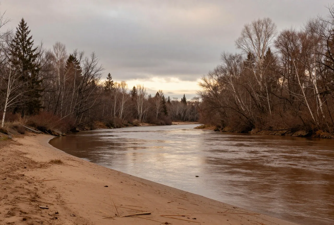 Breiter Fluss im Spätherbst mit kahlen Bäumen und dunklen Fichten an flachen Ufern, graue Wolken und ein schmaler Streifen Abendlicht über dem Wasser