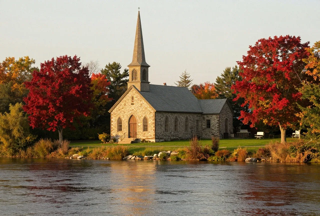 Dorfkirche aus grauem Feldstein mit schlankem Turm am Ufer eines breiten Flusses, davor Rasen und rote Ahornbäume im Herbstlicht, ohne Menschen