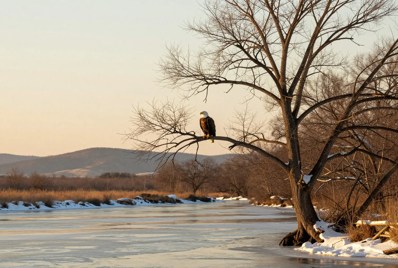 Weißkopfseeadler auf dem kahlen Ast einer alten Pappel über einem halb zugefrorenen Fluss, Schnee an den Ufern, weiches Nachmittagslicht