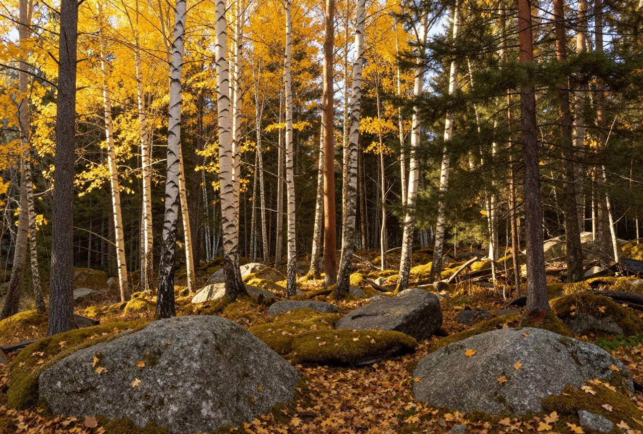 Herbstlicher Mischwald mit gelben Birken und dunklen Fichten, Moos und Laub am Boden, Sonnenstrahlen zwischen den Stämmen
