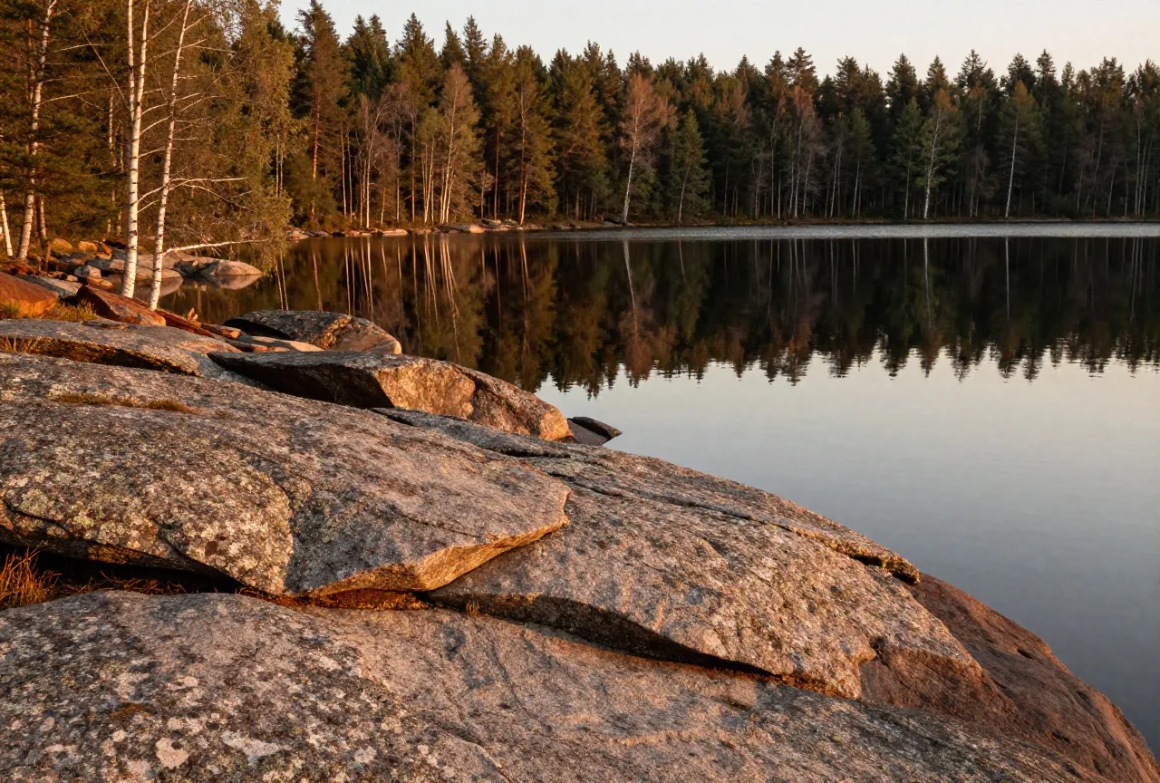 Felsiges Ufer eines stillen Sees mit Birken und Nadelwald im warmen Abendlicht