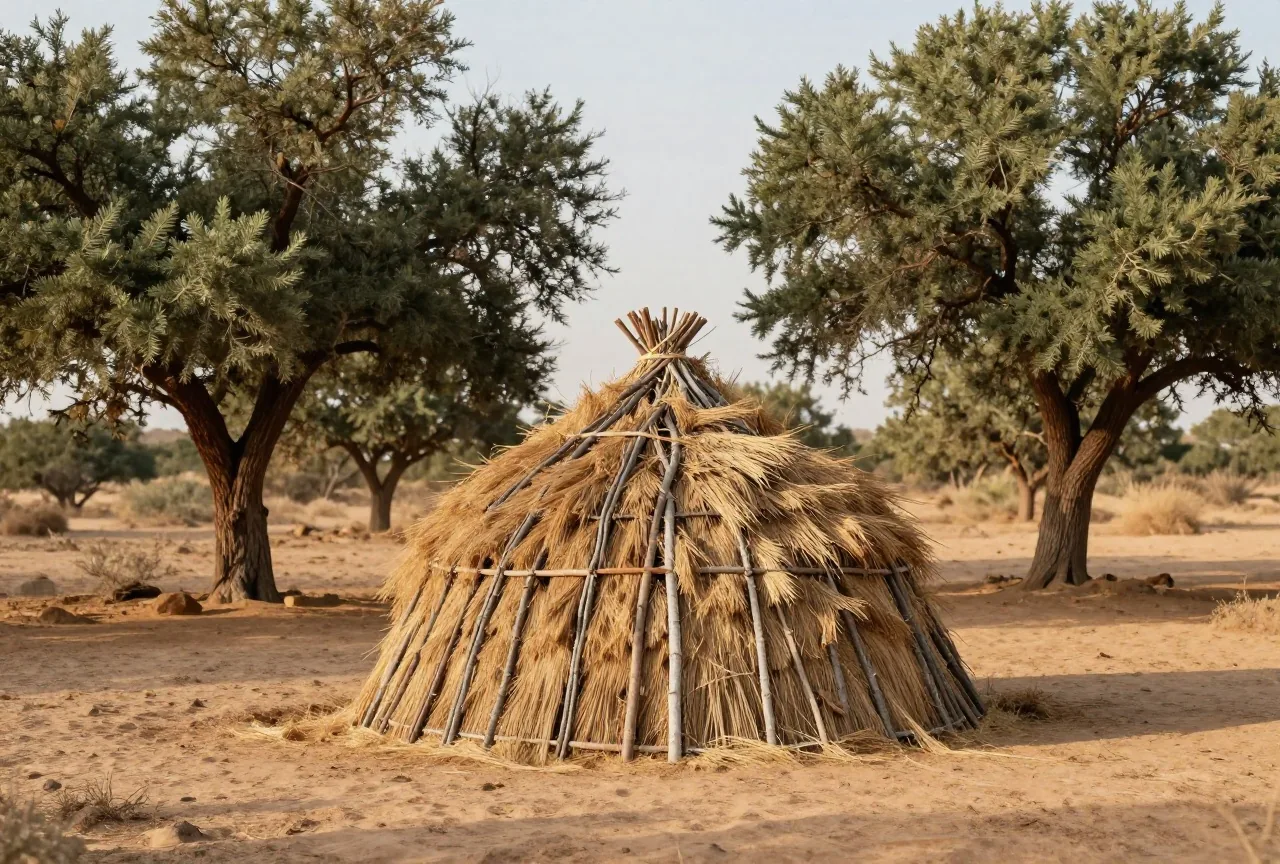 Kuppelförmige Hütte aus gebogenen Ästen, mit trockenem Gras gedeckt, auf einer Lichtung zwischen Eichen und Wacholder, warmes Licht der späten Nachmittagssonne