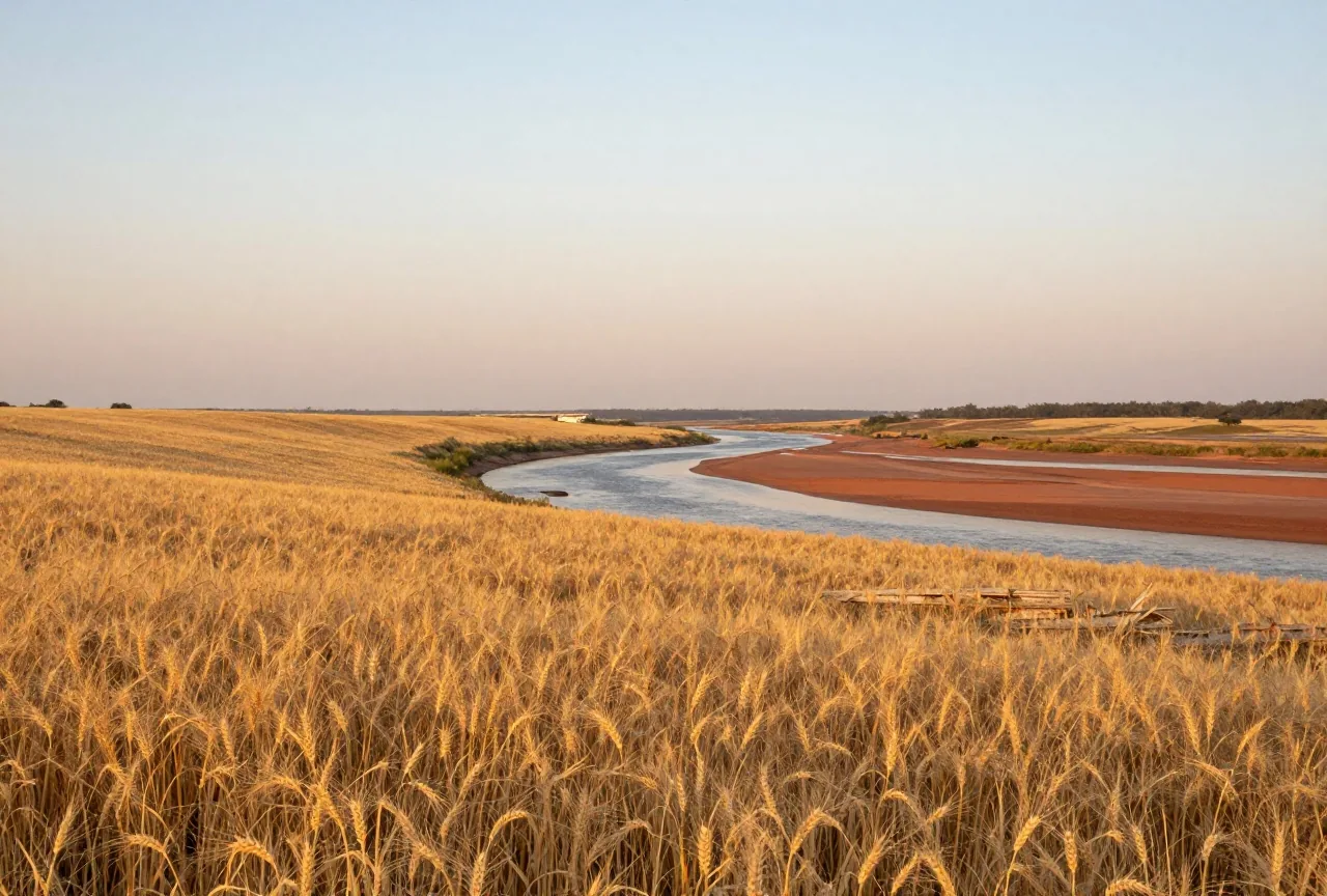 Weites Flusstal mit rötlichem Sand und Weizenfeldern in sanft gewelltem Land unter weitem Himmel im Abendlicht