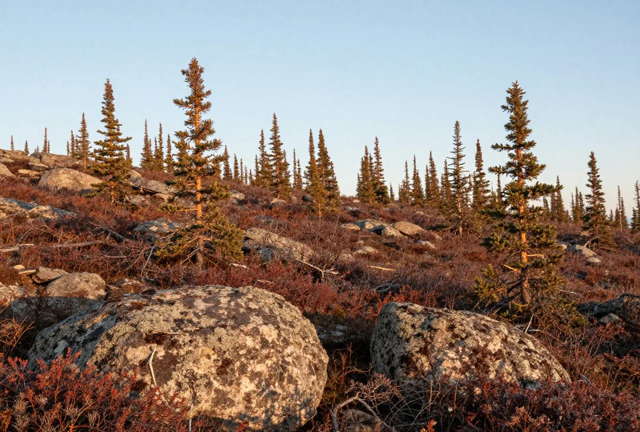 Lichter Nadelwald aus schmalen Fichten, der an einem Hang in offene Tundra mit niedrigem, rotbraunem Bewuchs übergeht, im warmen Licht des späten Nachmittags