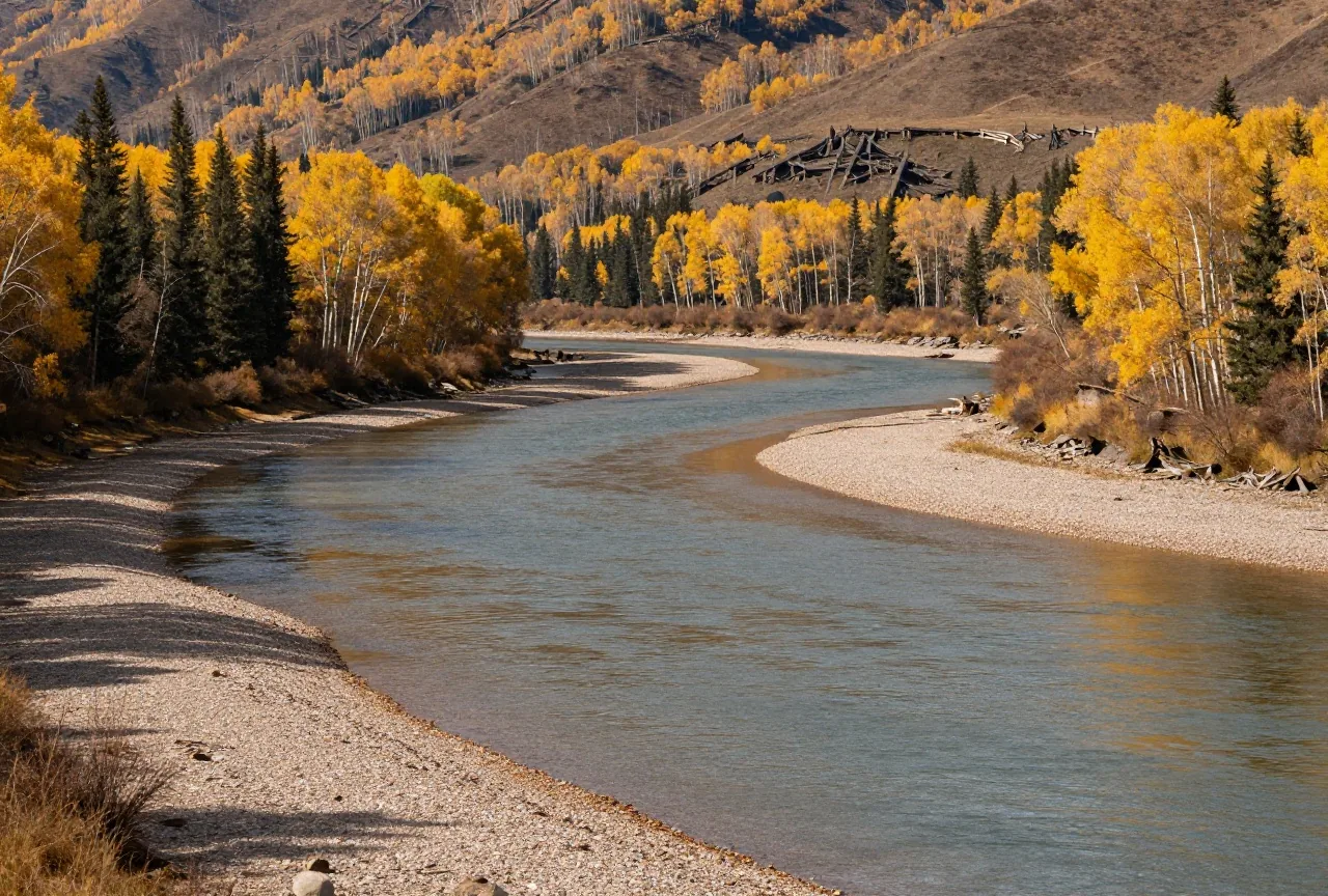 Breiter, ruhiger Fluss in einem weiten Tal mit bewaldeten Hängen und Kiesbänken im Herbst, die Espen leuchten gelb im Licht der späten Nachmittagssonne