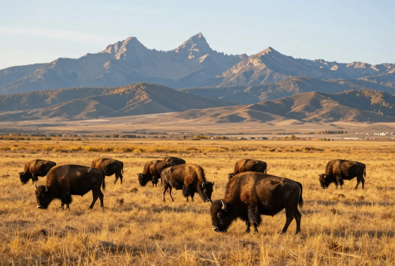 Bisonherde auf gelbem Grasland der nördlichen Plains, im Hintergrund die blauen Gipfel der Rocky Mountains im späten Nachmittagslicht