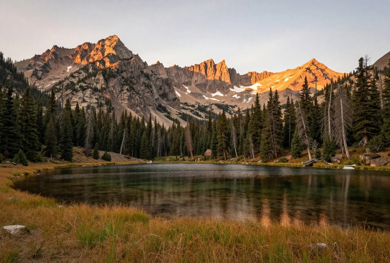 Klarer Bergsee am Fuß schroffer Gipfel, davor windgebeugte Kiefern und Wiesen mit spätsommerlichem Gras im Abendlicht