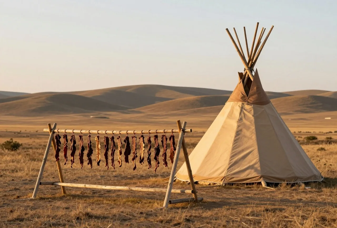 Dünne Streifen Trockenfleisch hängen an einem Gestell aus Holzstangen neben einem unbemalten Tipi aus Leder auf offener Prärie, im Hintergrund weite Hügel im warmen Abendlicht