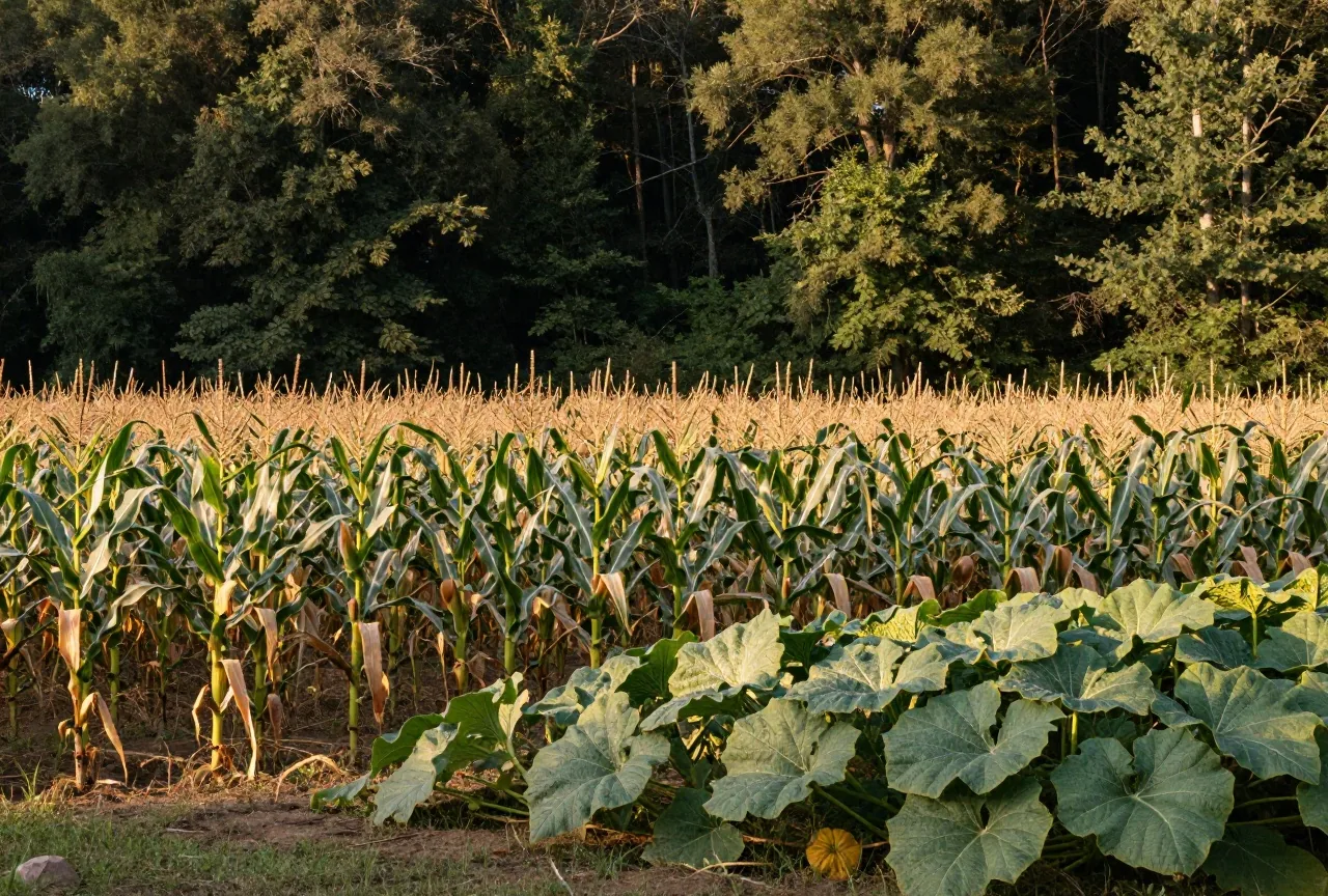 Tal in den südlichen Appalachen mit einem Maisfeld, Kürbispflanzen und Bohnenranken am Waldrand im warmen Licht der späten Nachmittagssonne