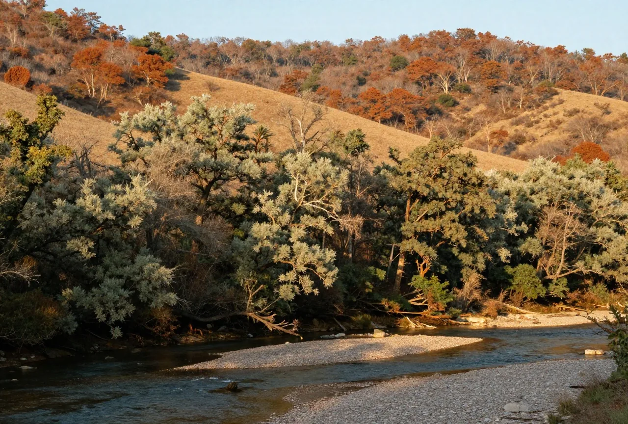 Bewaldete Hügel des Ozark-Plateaus im Nordosten Oklahomas über einem klaren Fluss mit Kiesufer im Licht der späten Nachmittagssonne
