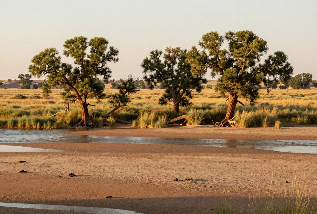 Flussaue mit alten Pappeln und Grasland am Arkansas River im Südosten Colorados im warmen Licht der späten Nachmittagssonne