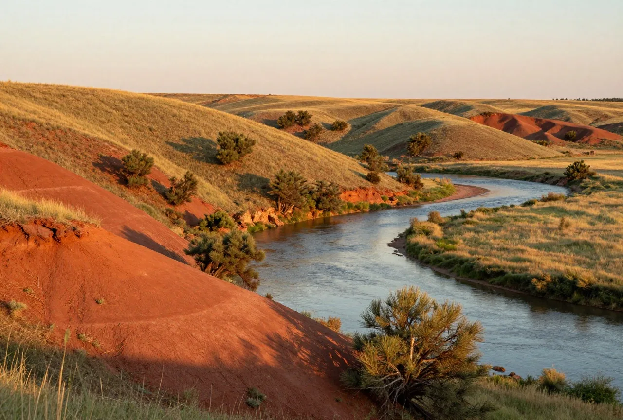 Hügel mit roter Erde und vereinzelten Wacholderbüschen über einem gewundenen Fluss im Westen Oklahomas im Abendlicht