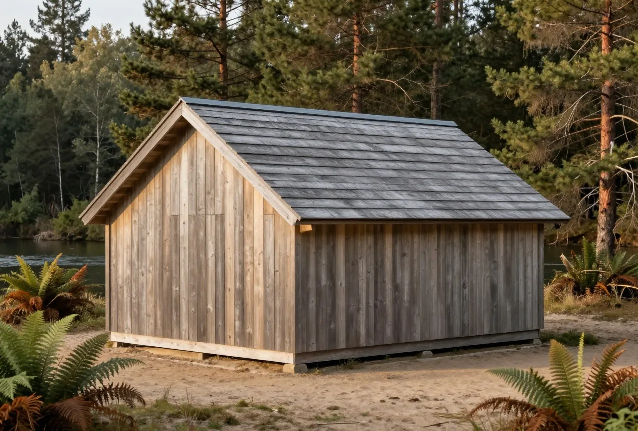 Niedriges Plankenhaus aus grauem Zedernholz mit flachem Satteldach auf einer Lichtung am Flussufer, Farne und Fichten im späten Nachmittagslicht