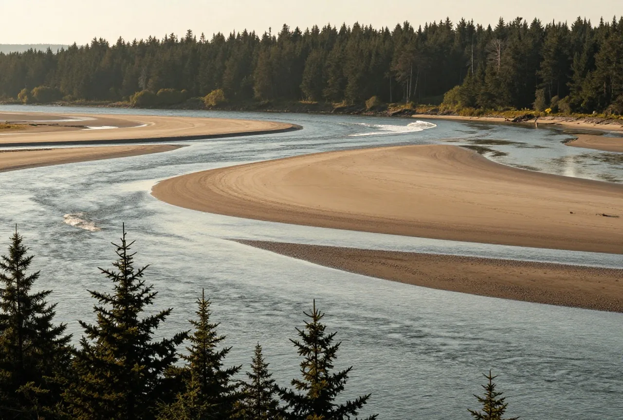 Mündung des Columbia River mit Sandbänken und Brandung, auf beiden Ufern dunkle Fichtenwälder, warmes Licht der späten Nachmittagssonne