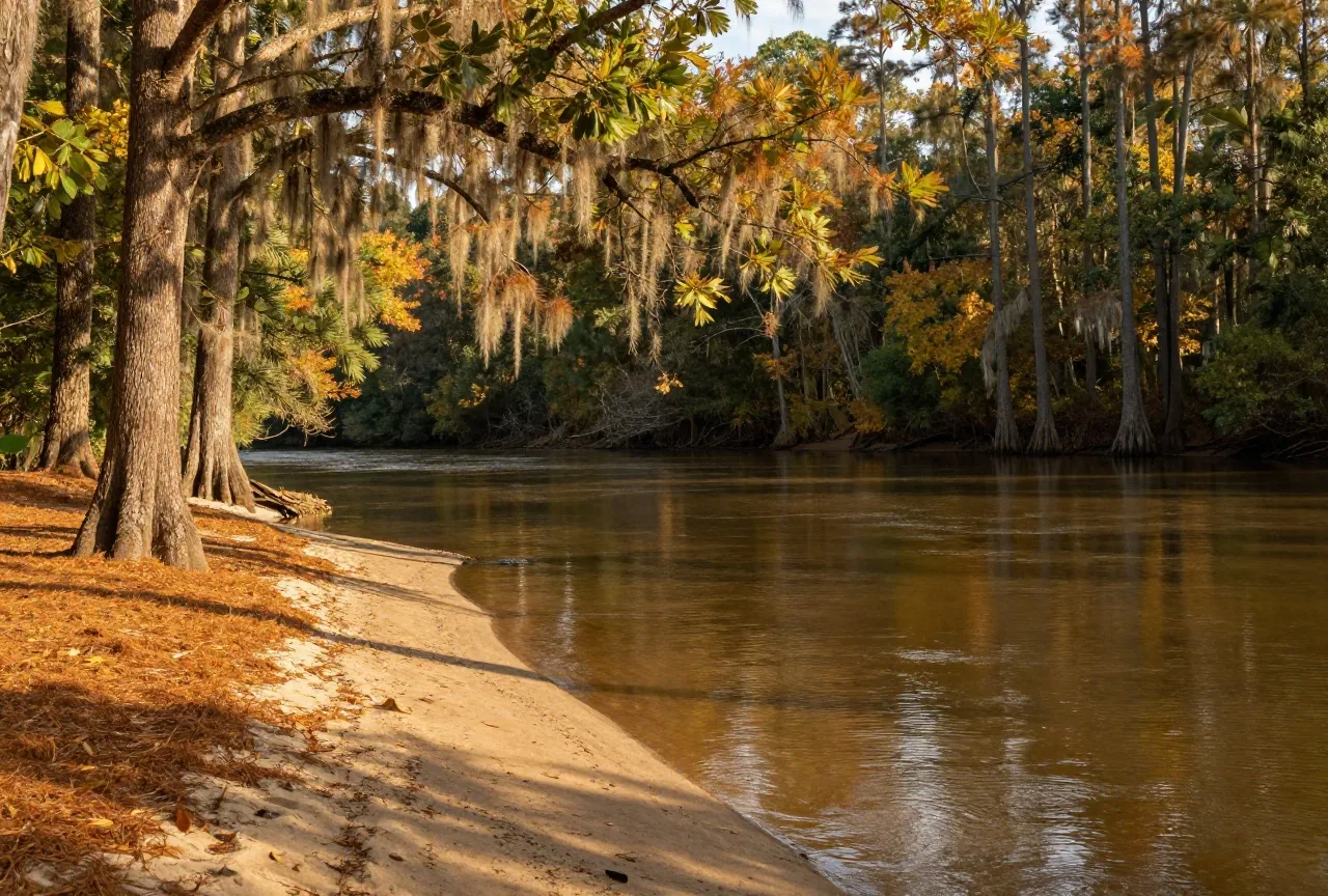 Ruhiger brauner Fluss zwischen hohen Kiefern und Eichen in Mississippi im schrägen Abendlicht