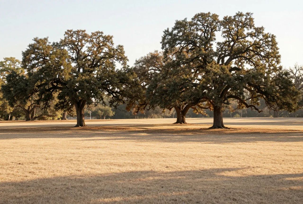 Alte Eichen auf einer trockenen Rasenfläche im Süden Oklahomas im Abendlicht