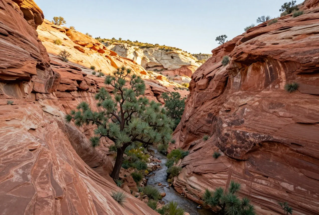 Steile Wände eines Canyons aus rotem und ockerfarbenem Gestein, am Grund Pappeln und ein schmaler Bach im späten Nachmittagslicht