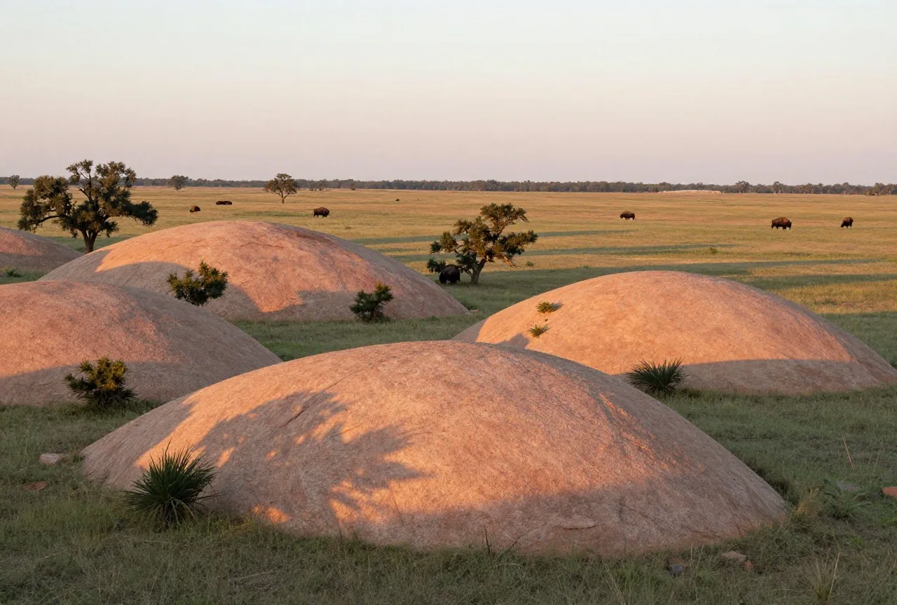Runde Granithügel mit Gras und Eichen über einer weiten Ebene im Südwesten Oklahomas, in der Ferne grasende Bisons im Abendlicht