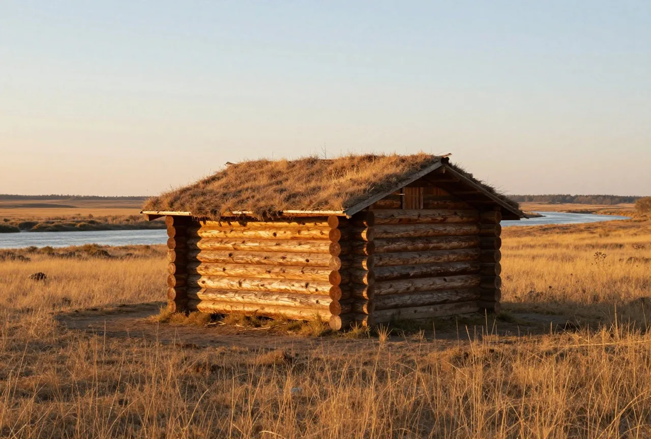 Kleines Blockhaus aus Rundstämmen mit Grasdach auf einer Anhöhe über einem breiten Präriefluss, warmes Abendlicht und lange Schatten