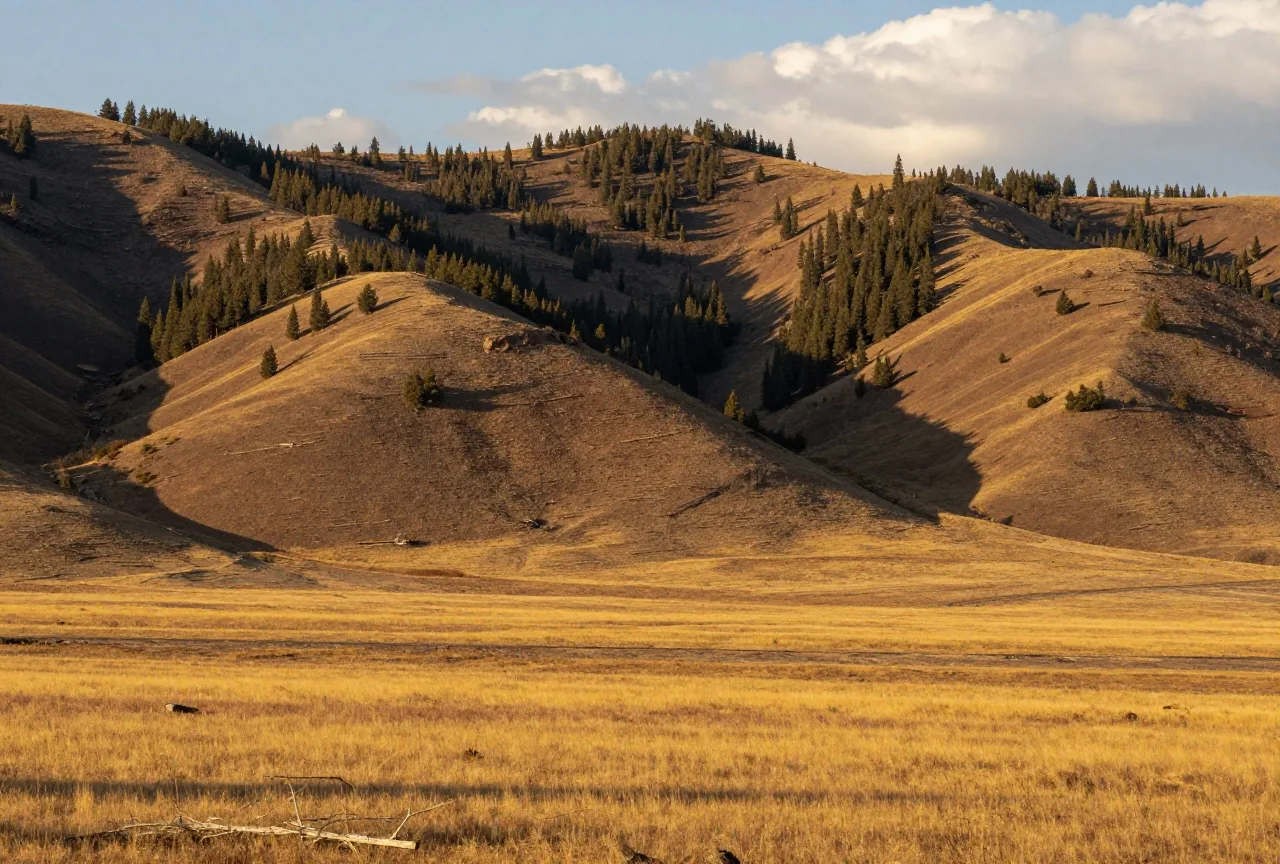 Bewaldete Hügel einer kleinen Bergkette über weitem gelbem Grasland im nördlichen Montana im Licht der späten Nachmittagssonne
