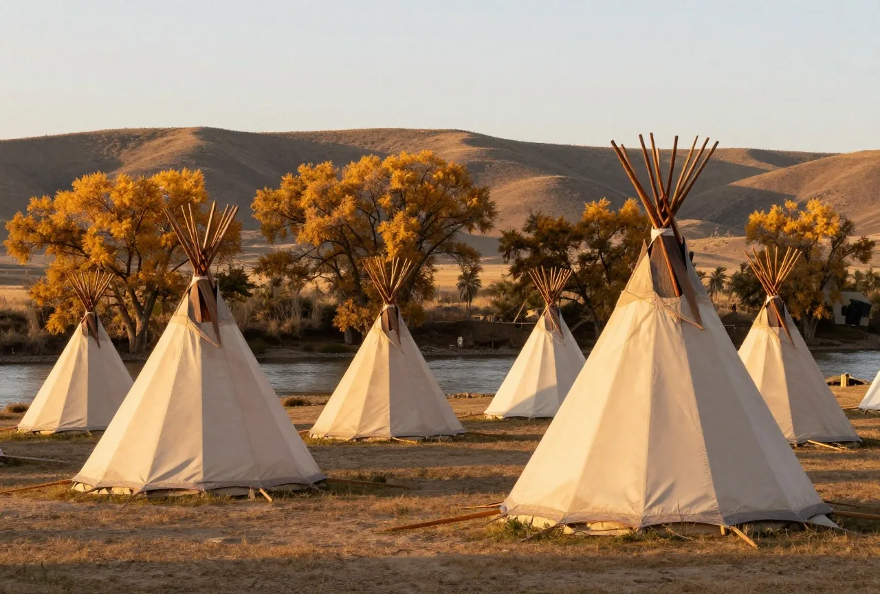 Lager aus vielen hellen Tipis ohne Bemalung auf einer Wiese an einem Flussufer mit Pappeln, dahinter flache Hügel im goldenen Abendlicht