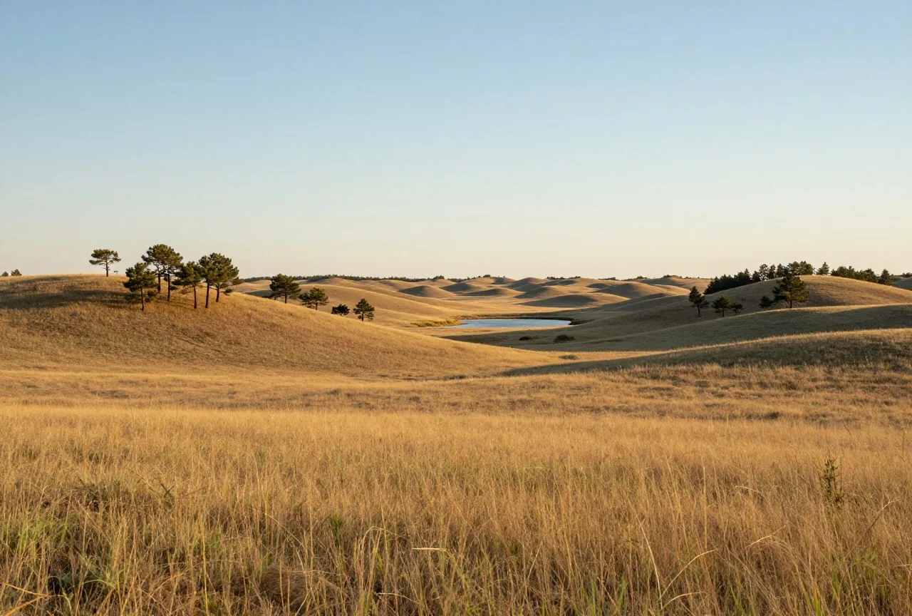 Hügeliges Grasland mit vereinzelten Ponderosa-Kiefern und einem kleinen See in einem Tal der nördlichen Plains im Nachmittagslicht
