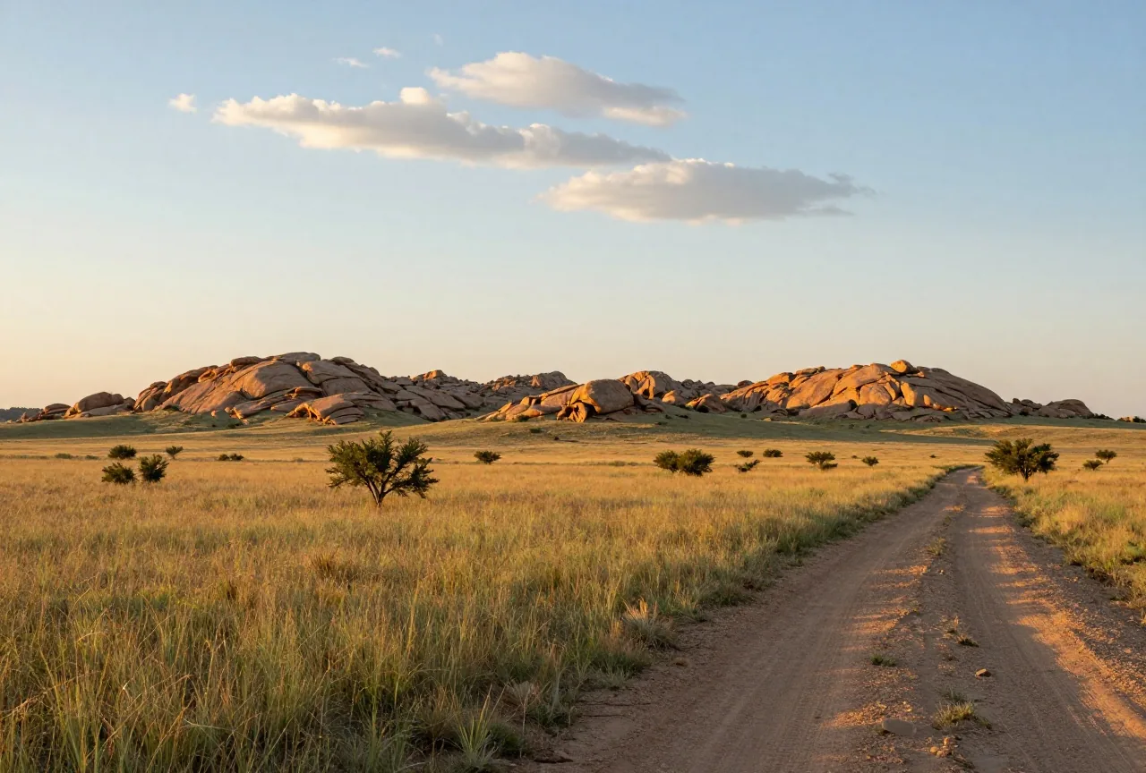Weite Kurzgrasprärie mit flachen Granithügeln am Horizont, vereinzelten Mesquitebüschen und einem Feldweg im goldenen Nachmittagslicht