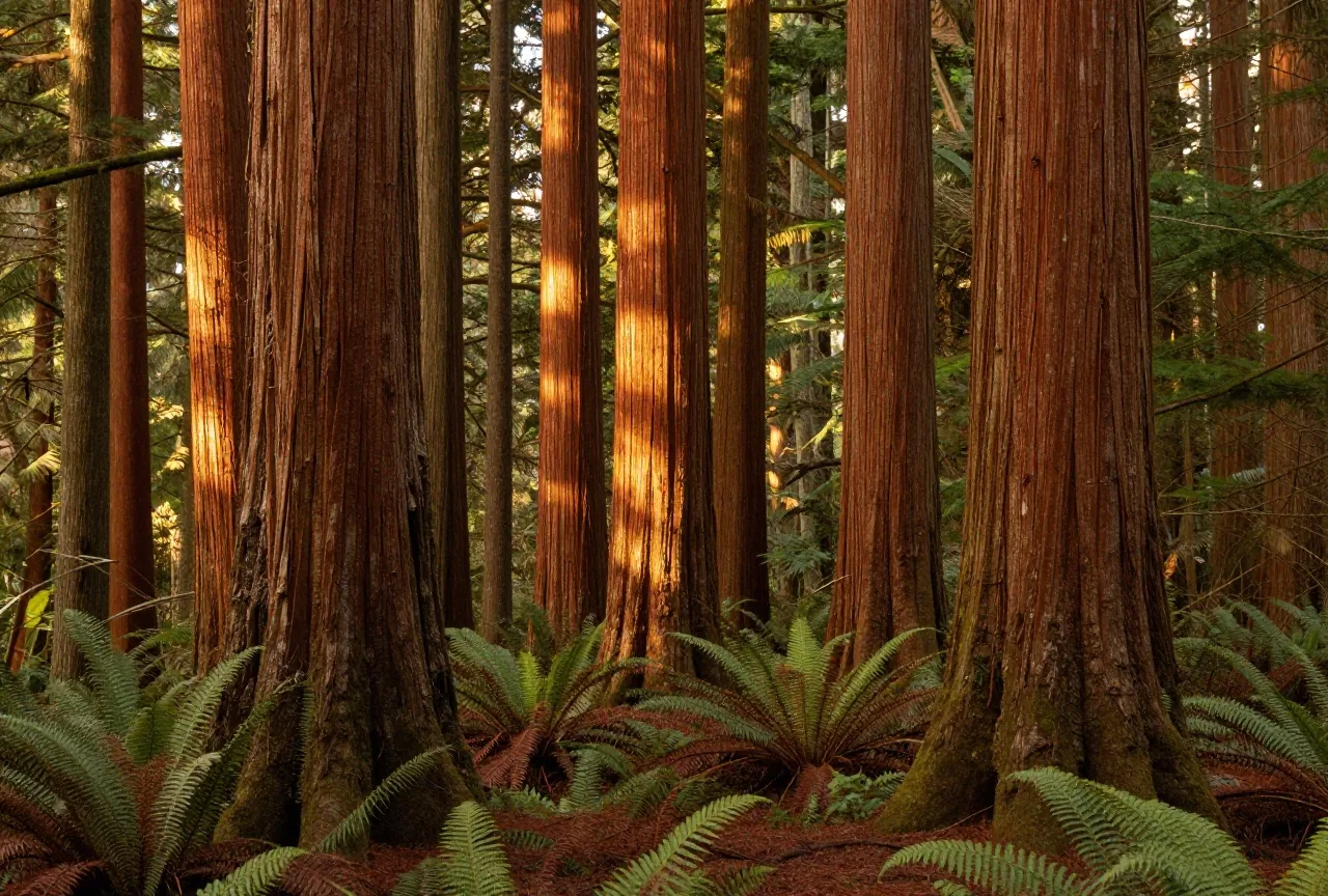 Hohe Rotzedern mit faseriger Rinde in einem feuchten Wald im Nordwesten, Farne am Boden, Sonnenlicht zwischen den Stämmen