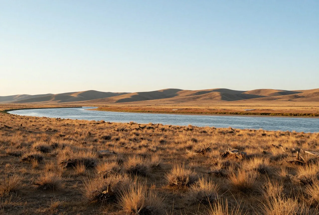 Hochfläche aus Gras und Beifuß über dem breiten Columbia River, in der Ferne sanfte braune Hügel unter einem weiten Himmel am späten Nachmittag