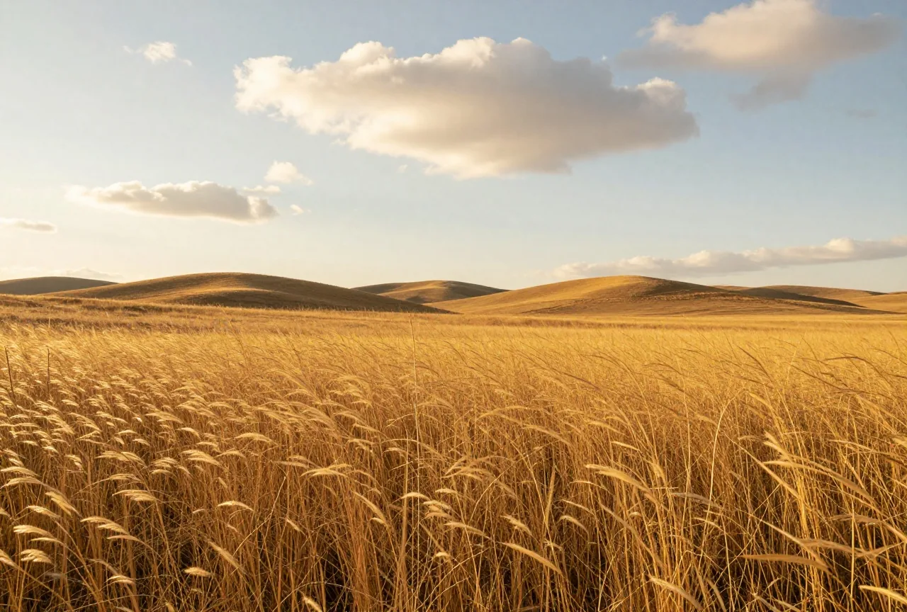 Weite, leicht gewellte Prärie mit hohem Gras unter einem Himmel voller Haufenwolken, am Horizont flache Hügel im goldenen Licht des Nachmittags
