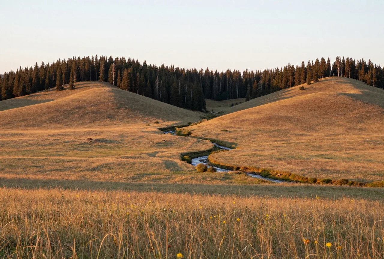 Sanfte Graslandhügel mit dunklem Kiefernwald an den Hängen und einem Bach in einem breiten Tal im warmen Abendlicht