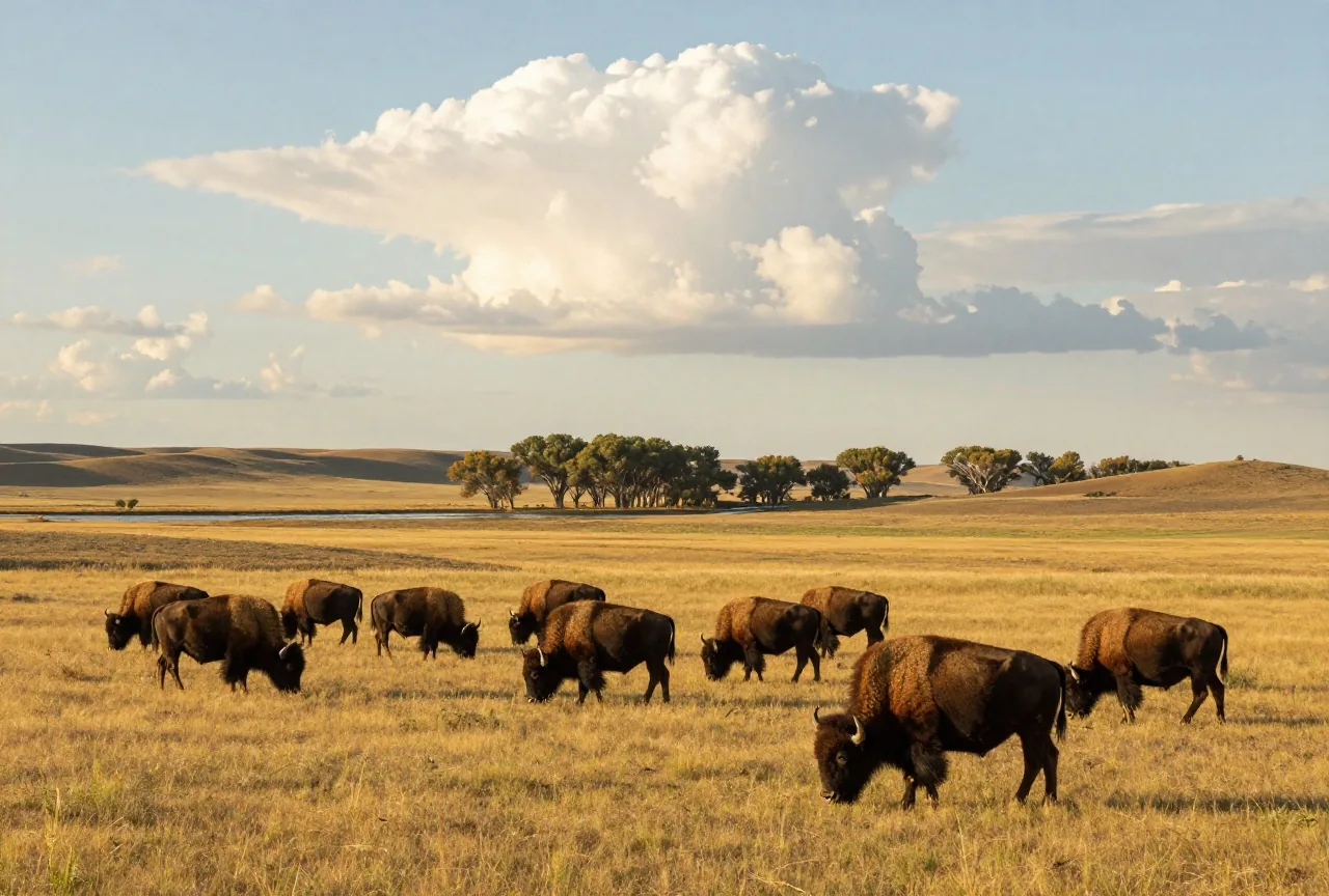 Bisonherde auf welligem Grasland der Great Plains unter weitem Himmel mit hohen Wolken, in der Ferne eine Reihe Pappeln an einem Fluss