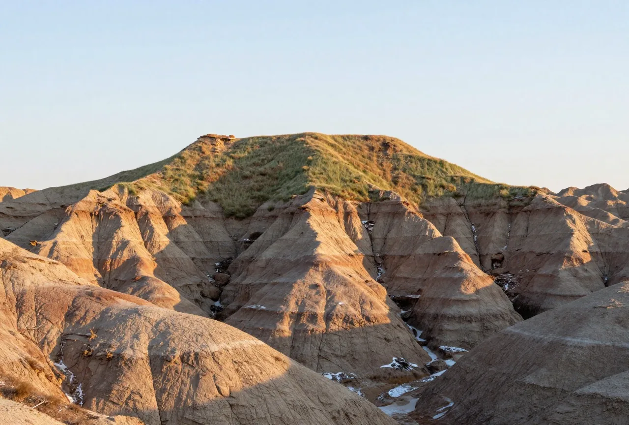 Abgeflachter Tafelberg mit Grasdecke über steilen, gestreiften Erosionshängen der Badlands unter einem kalten Winterhimmel