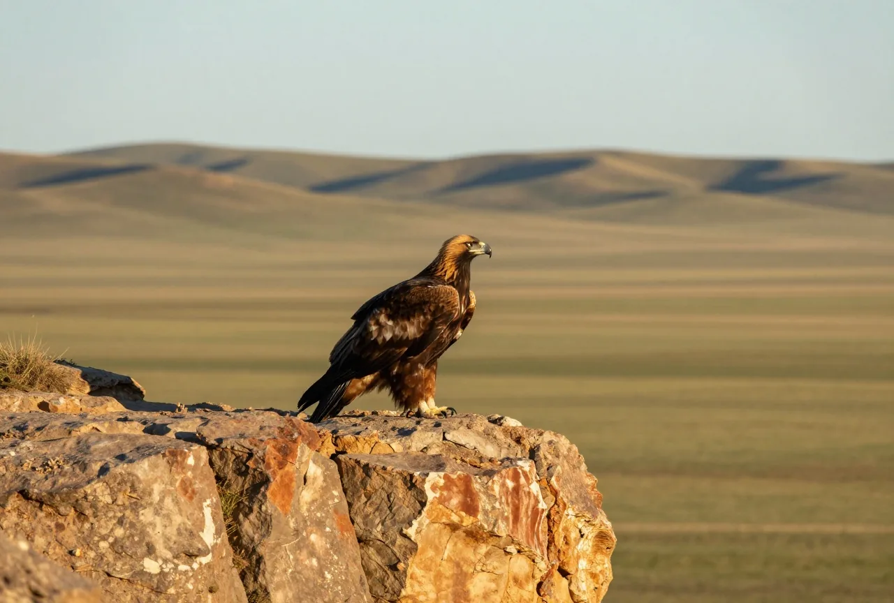Steinadler auf einem Felsvorsprung über einer weiten Graslandschaft im warmen Licht der späten Nachmittagssonne