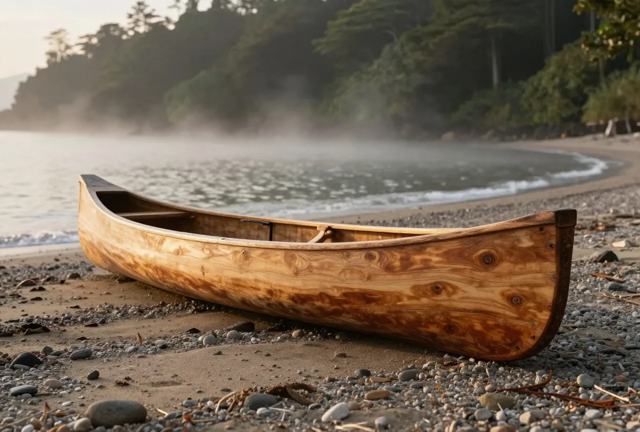 Einfacher, unbemalter Einbaum aus Zedernholz liegt auf einem Kiesstrand an einer stillen Bucht, dahinter dunkler Regenwald und Nebel im Abendlicht