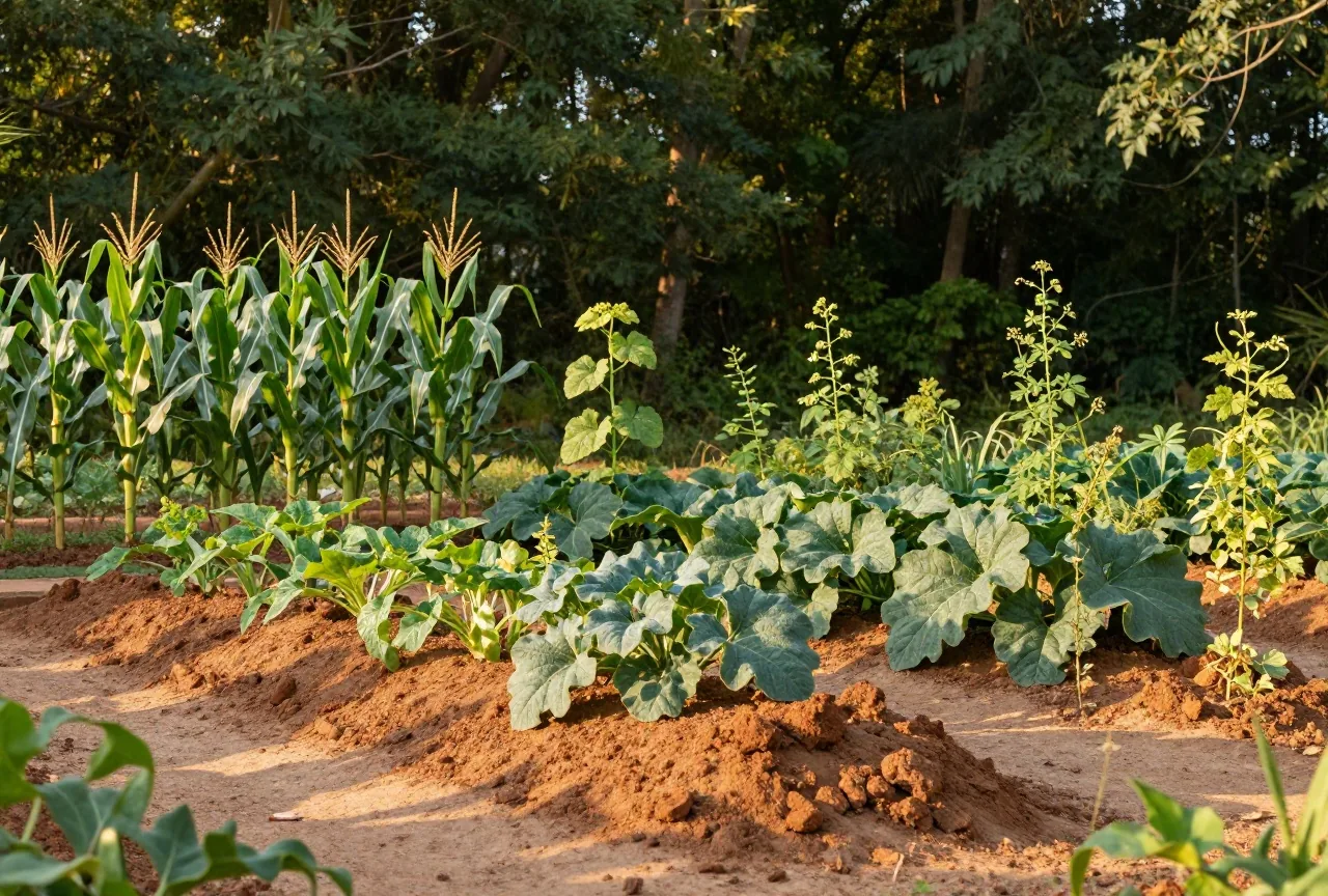 Garten mit kleinen Erdhügeln, auf denen Maispflanzen, rankende Bohnen und breitblättrige Kürbisse zusammen wachsen, am Rand eines Laubwalds im Spätsommerlicht