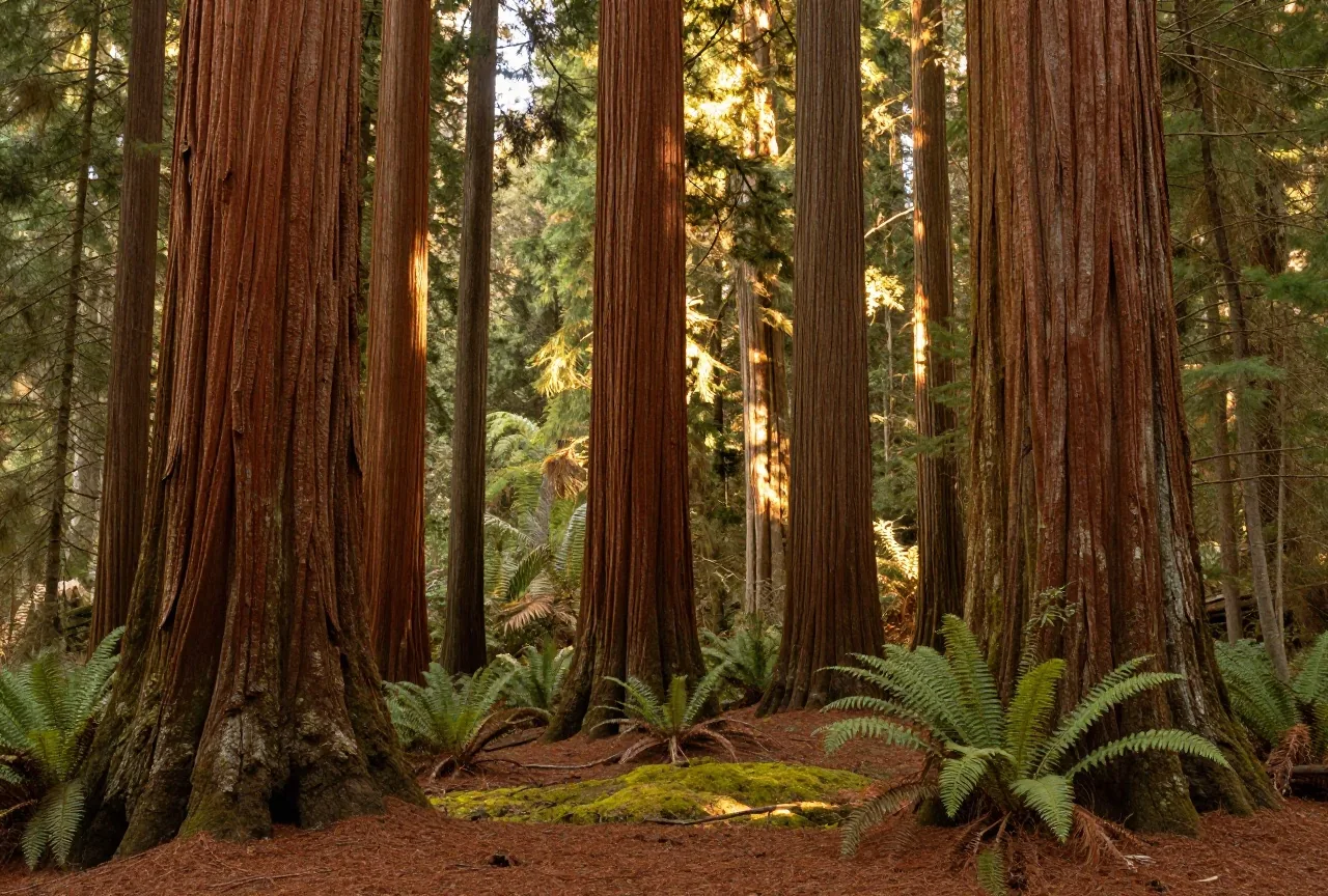 Hohe, rotbraune Stämme alter Western Redcedars in einem feuchten Wald mit Farnen und Moos, Sonnenstrahlen fallen schräg durch das Kronendach am späten Nachmittag