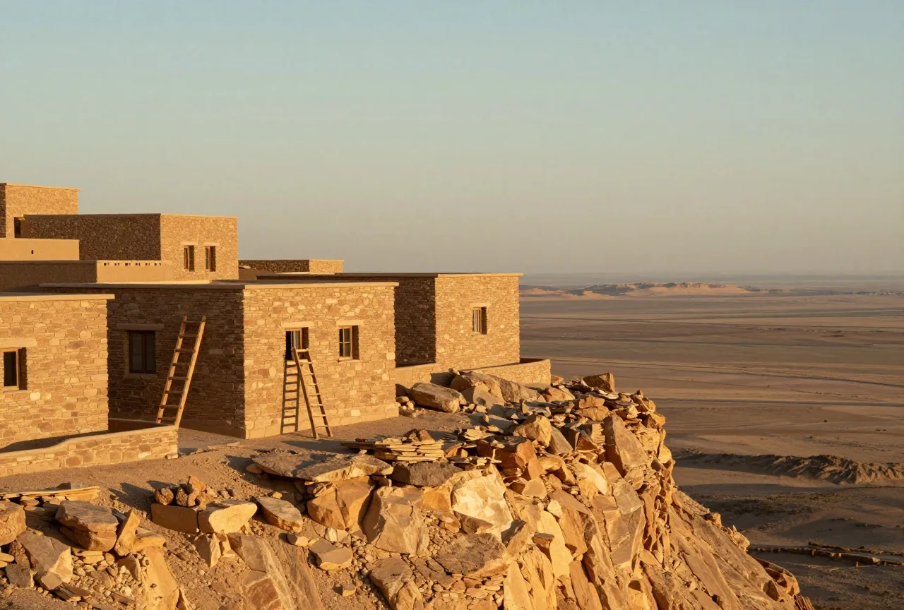 Terrassierte Häuser aus Sandstein am Rand einer Mesa über einer weiten Wüstenebene im warmen Licht des späten Nachmittags