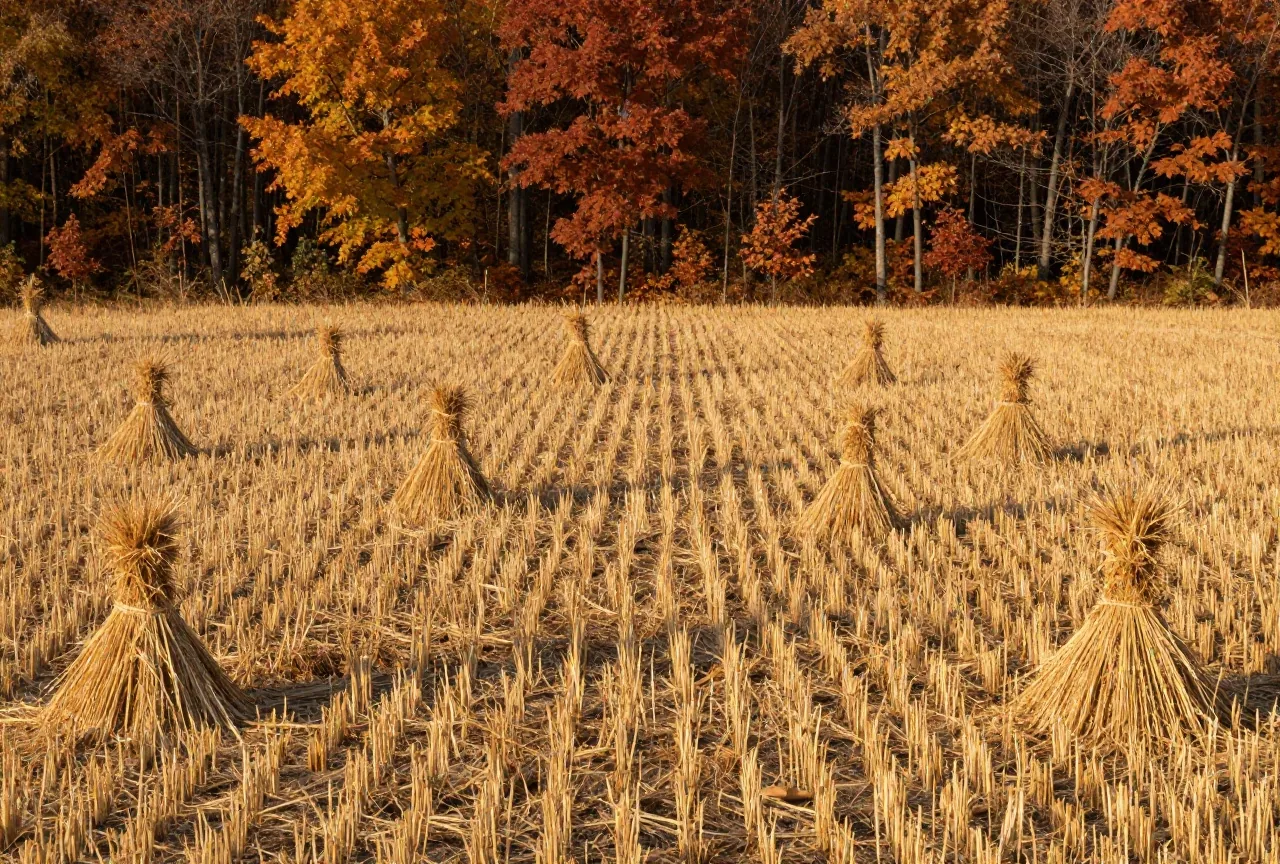 Abgeerntetes Maisfeld mit Stoppeln und gebündelten Garben am Rand eines Laubwalds im Herbstlicht