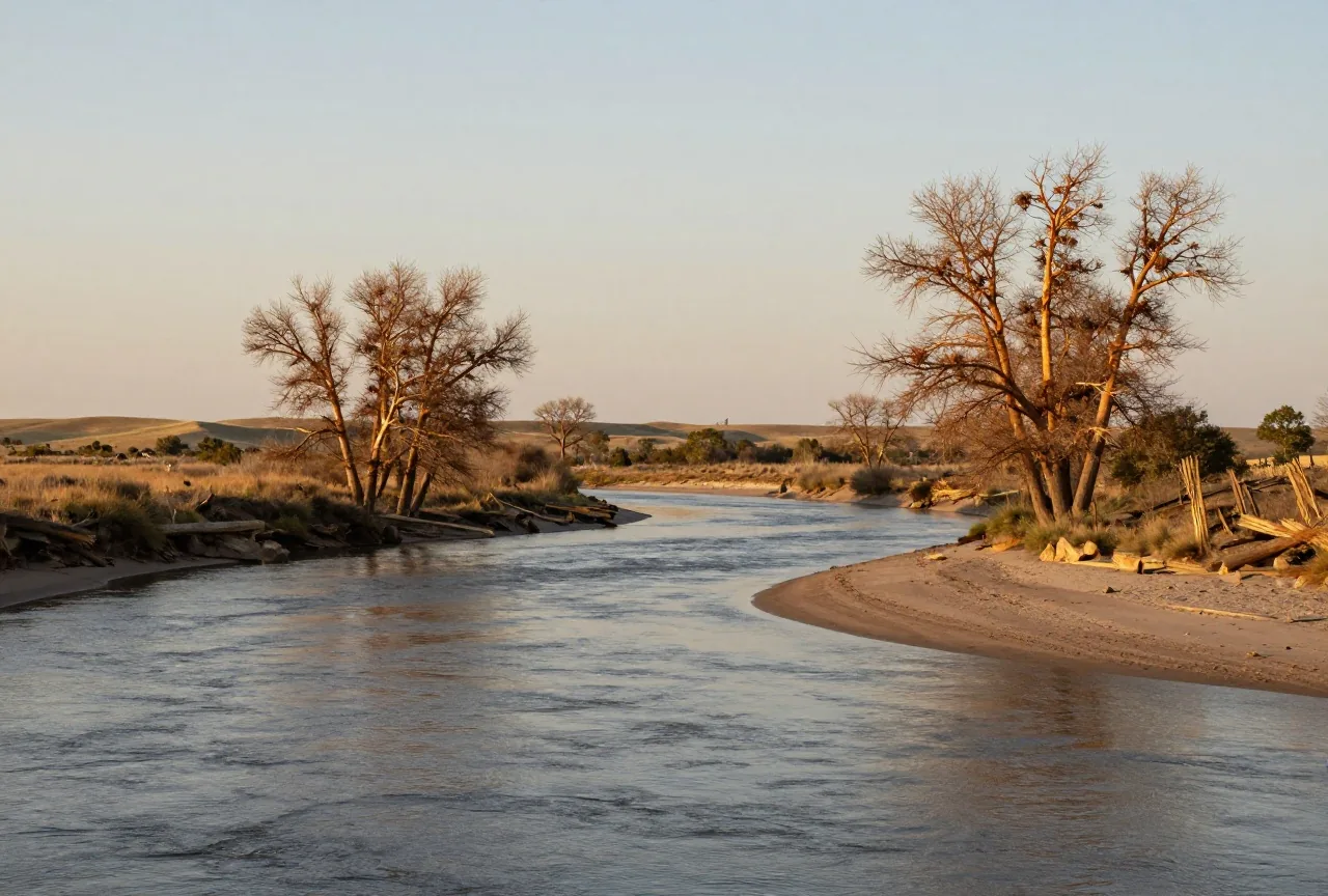 Zusammenfluss zweier breiter, ruhiger Flüsse mit sandigen Ufern und hohen Pappeln, dahinter flache Hügel mit Grasland unter weitem Himmel im Abendlicht