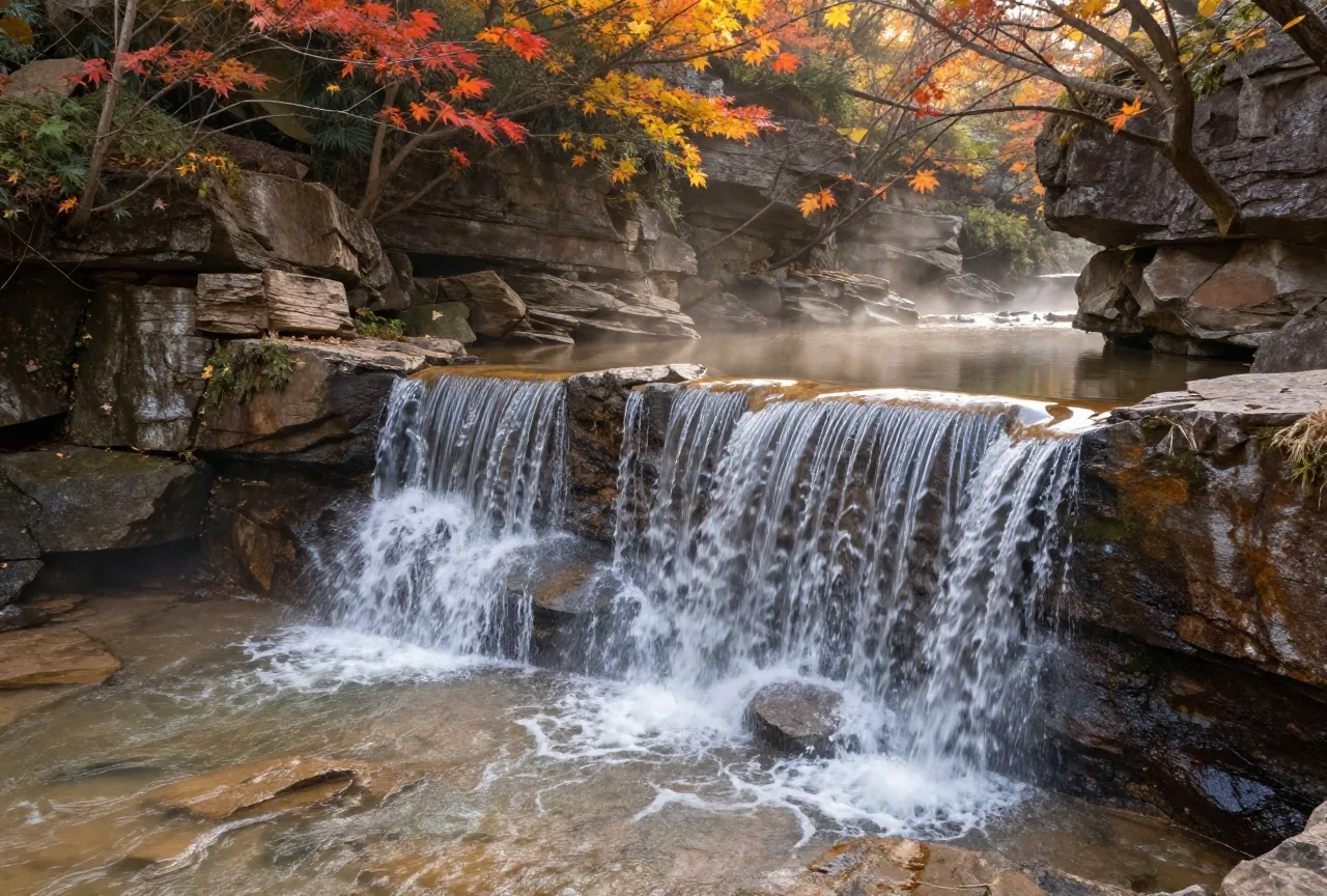 Wasserfall stürzt über dunkle Felsstufen in eine bewaldete Schlucht, Gischt über dem Wasser, Laubbäume in Herbstfarben am Rand im späten Nachmittagslicht
