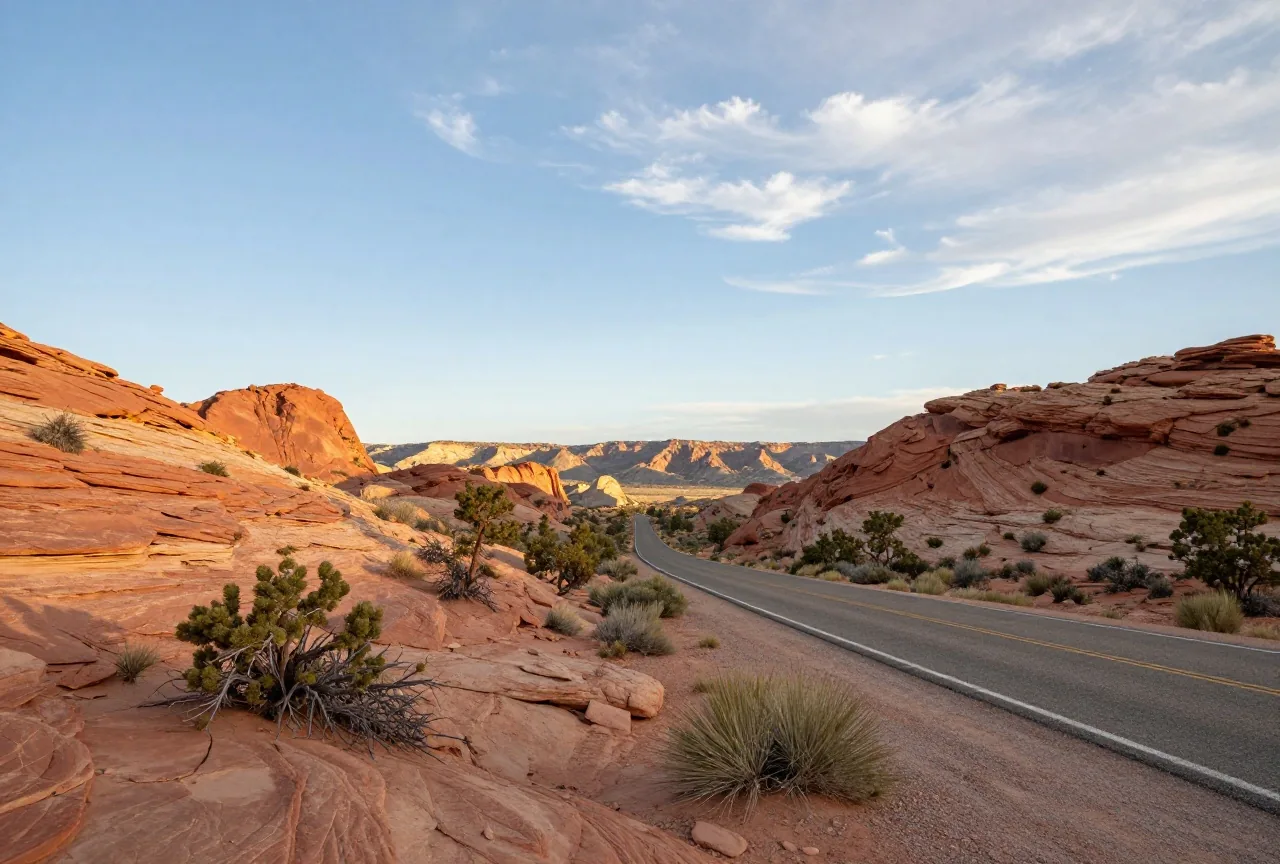 Weites Hochplateau in Nordarizona mit roten Sandsteinfelsen, Wacholderbüschen und einer einsamen asphaltierten Straße unter hohem Himmel