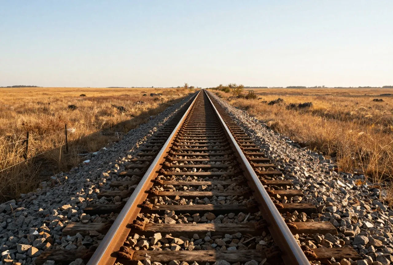 Einzelnes Eisenbahngleis mit hölzernen Schwellen führt durch herbstliche Prärie zum Horizont, tief stehende Sonne unter weitem Himmel