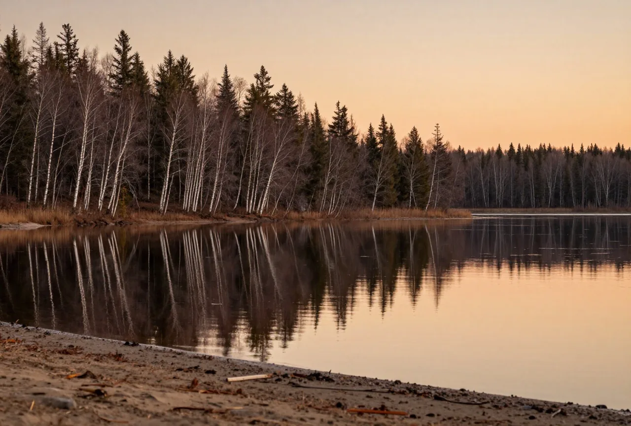 Ruhiger See im Norden von Saskatchewan mit Birken und Fichten am Ufer, das glatte Wasser spiegelt den Abendhimmel