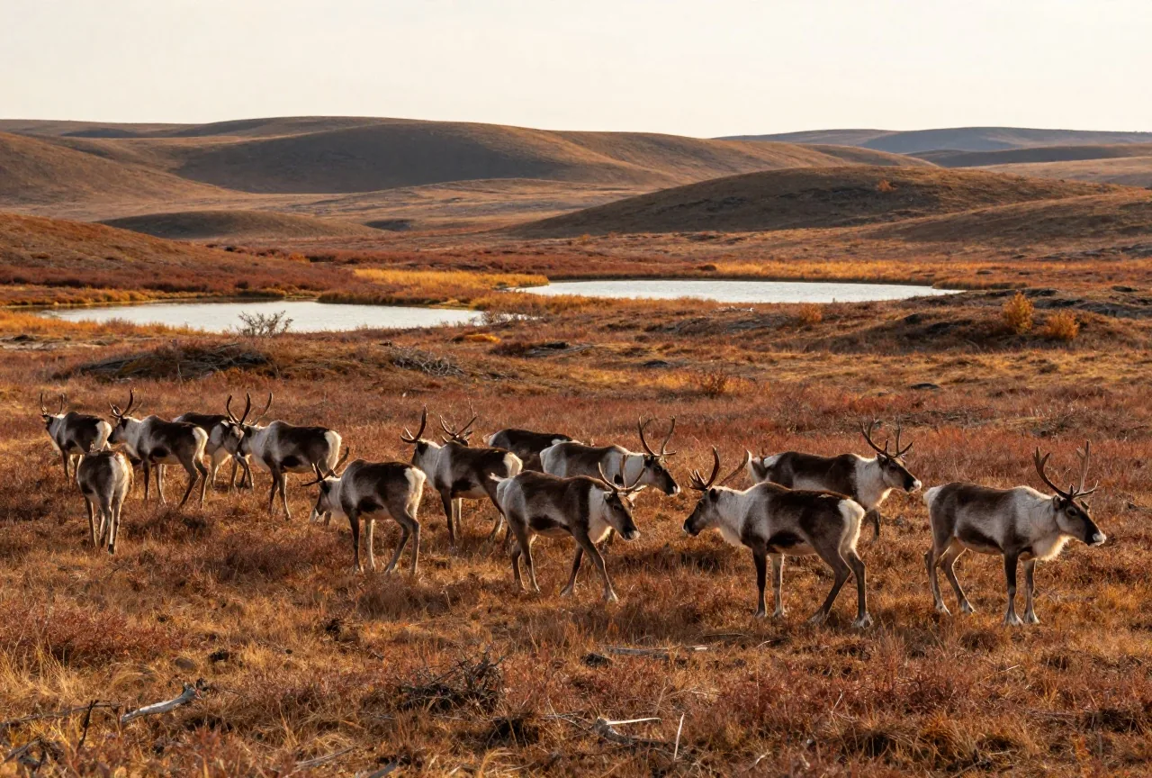 Große Karibuherde zieht über weite herbstliche Tundra mit niedrigen Hügeln und kleinen Seen, im warmen Licht der tief stehenden Sonne